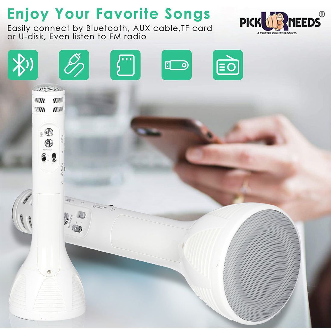Pick Ur Needs Karaoke Mic with Led Light Wireless Bluetooth Microphone Connection Player Speaker 2-in1 with Recording + USB+FM